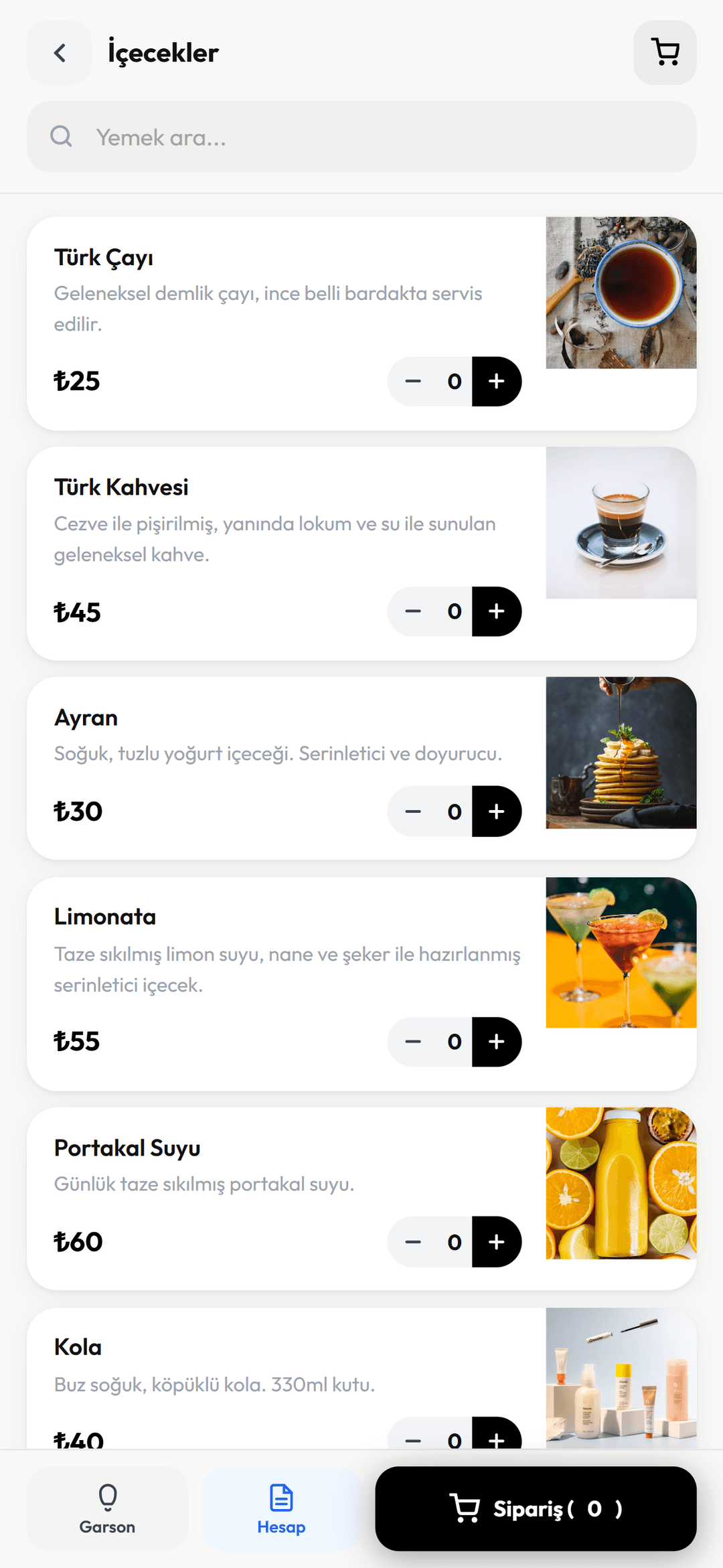 İçecekler menüsü ekranı