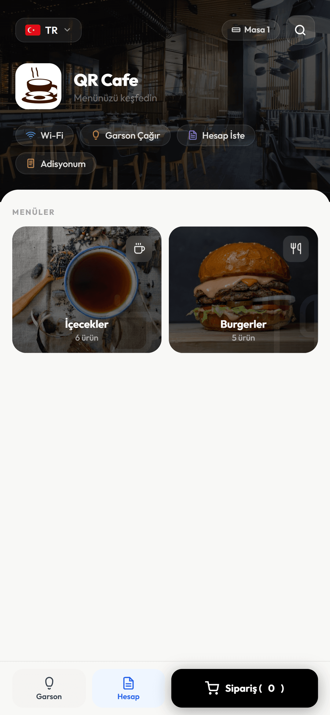 QR menü ekranı